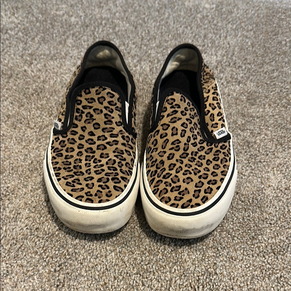 Vans Tan and Black Leopard Print Slip-On Sneakers